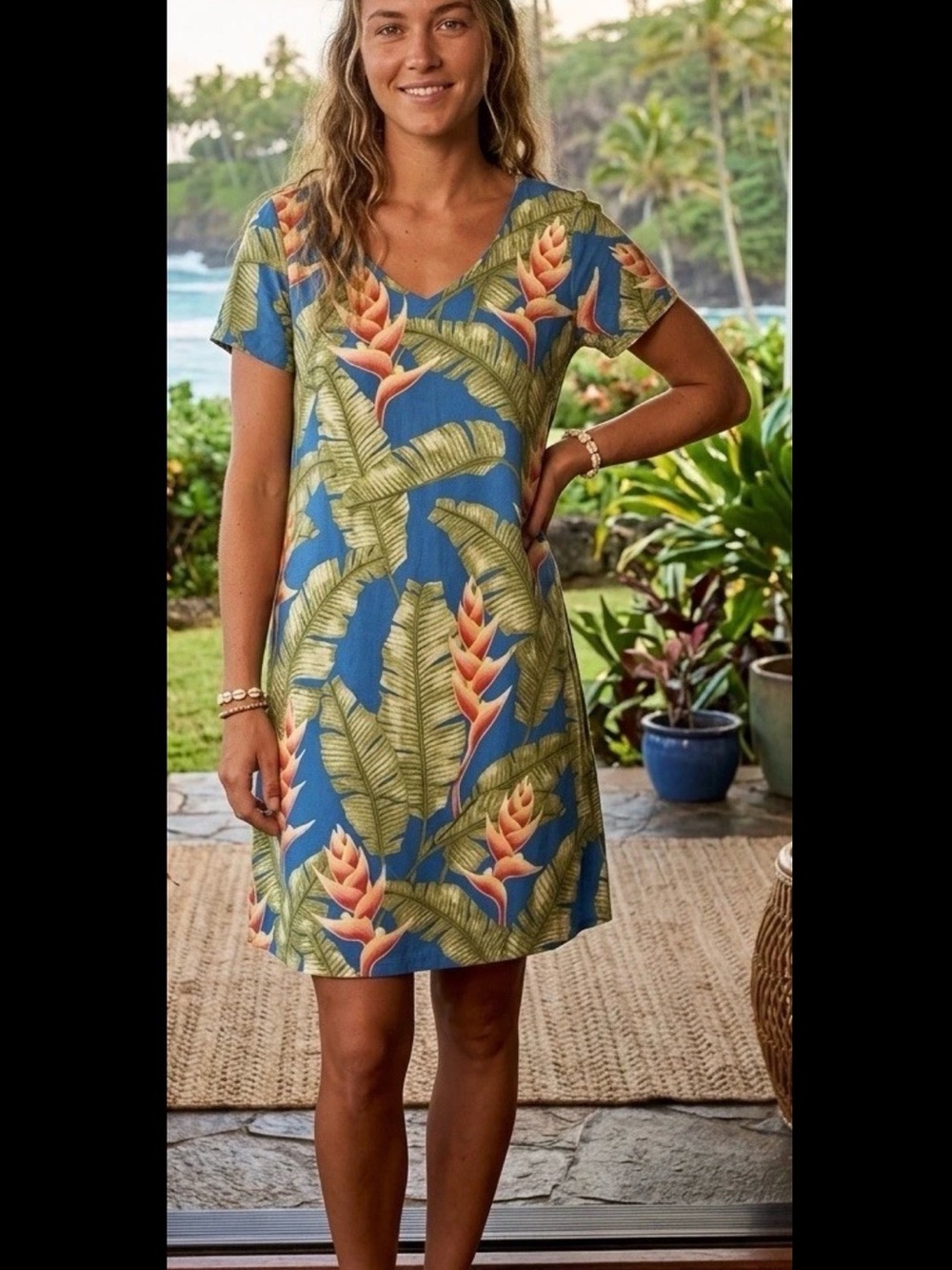 Blue Tropical Mini Dress with Green Leaf & Coral Blooms